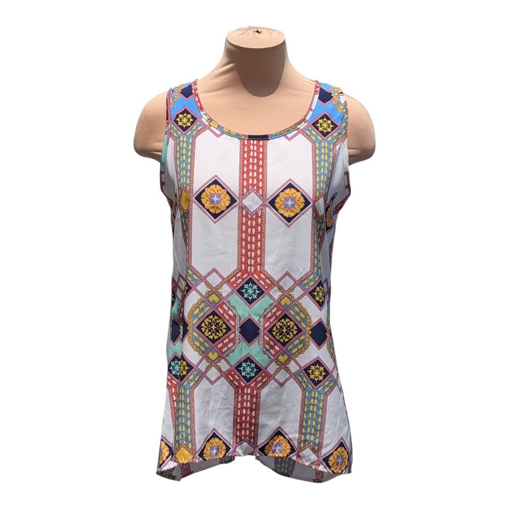 Peach Love California Top Women’s Small Sleeveless Boho Geometric Print Blouse